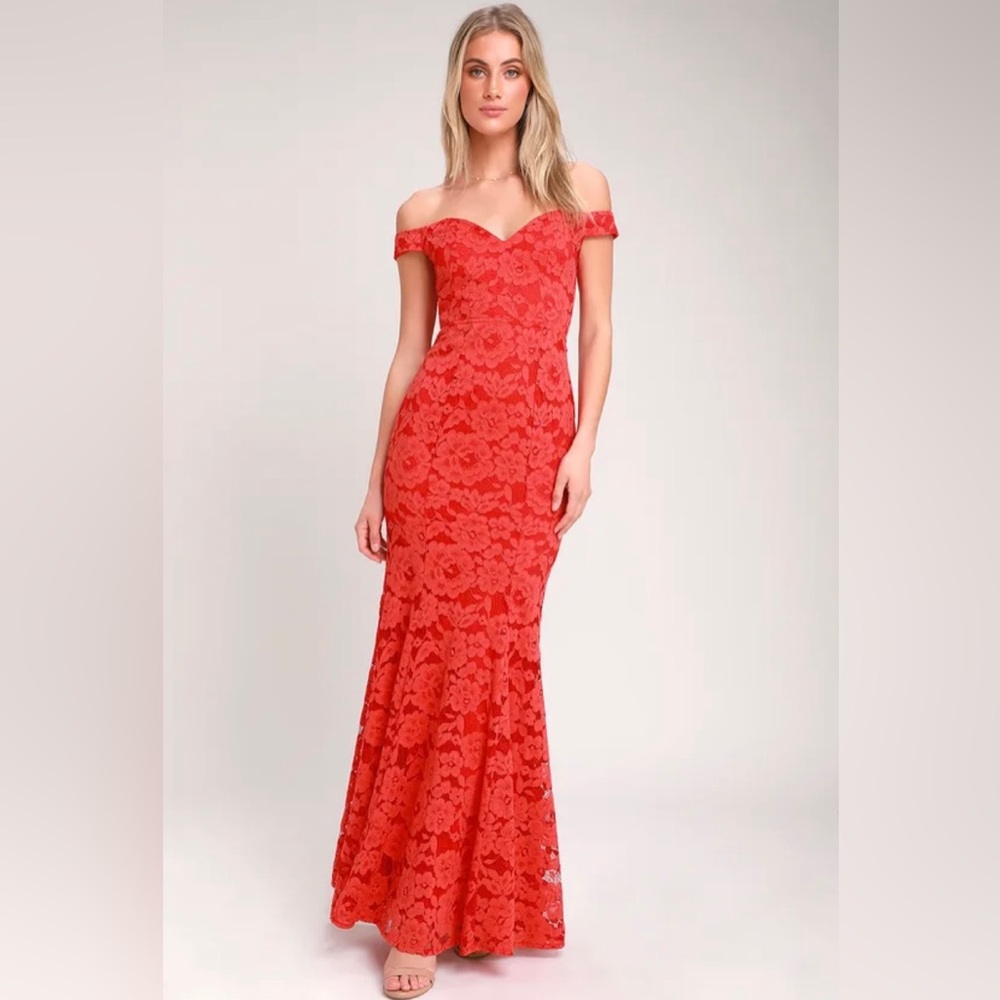 LuLus Red Lace Swept Up Maxi Dress